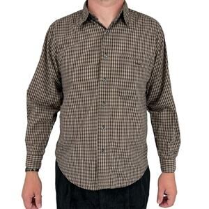 Vintage Bugle Boy Button Down Shirt Plaid Brown White Medium‎